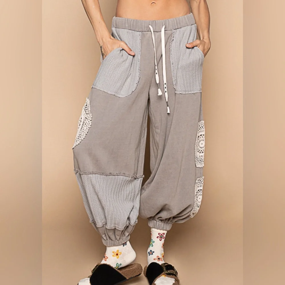 NWT POL Boho Crochet Doily Patchwork Jogger Sweats Sweat Pants Joggers Grey - Picture 3 of 13